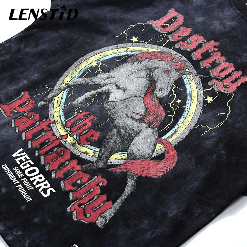 LENSTID 2020 хип-хоп Футболка с принтом Tie Dye Мужская Уличная диких лошадей Harajuku летняя