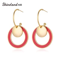 shineland 2021 new punk gold color round hollow metal drop dangle earrings red enamel brincos for women exaggerated jewelry