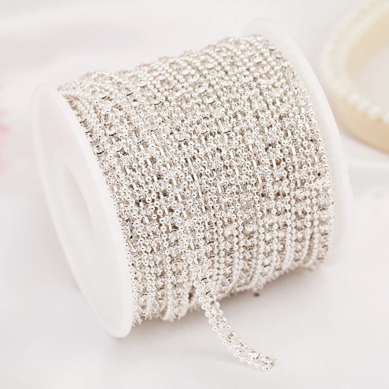 Цепочка для украшения RESEN SS8 1 ярд 3 ряда серебряная прозрачная с кристаллами AB