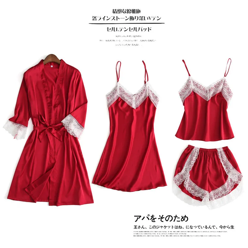 

Autumn Lady Ice Silk pajamas four-piece set suspender shorts long sleeve nightgown sexy cute thin