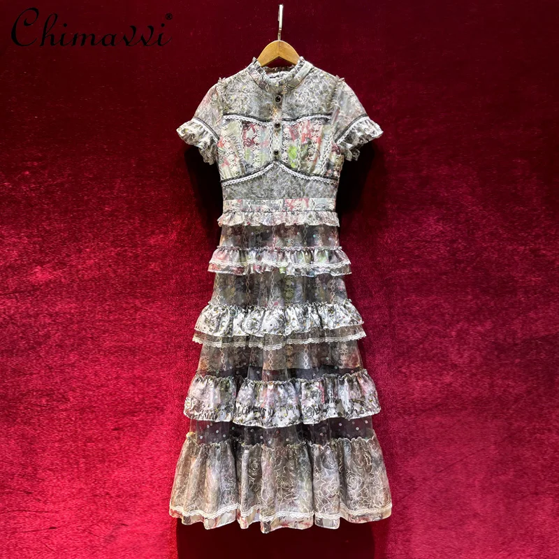 

French Vintage Printed Maxi Dress Women High-End Luxury Heavy Short Sleeve Cake Dress 2021 Summer Temperamental Fairy Dress