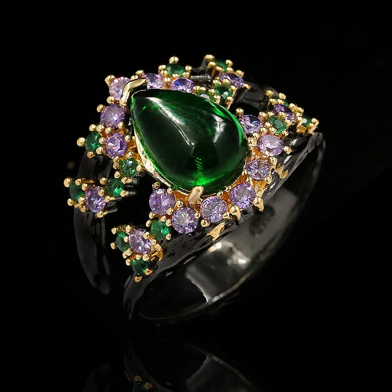 

BLACK ANGEL Original Italian Handmade Romantic Palace Water Drop Emerald Ring Micro Inlaid Luxury Purple Zircon Women Jewelry