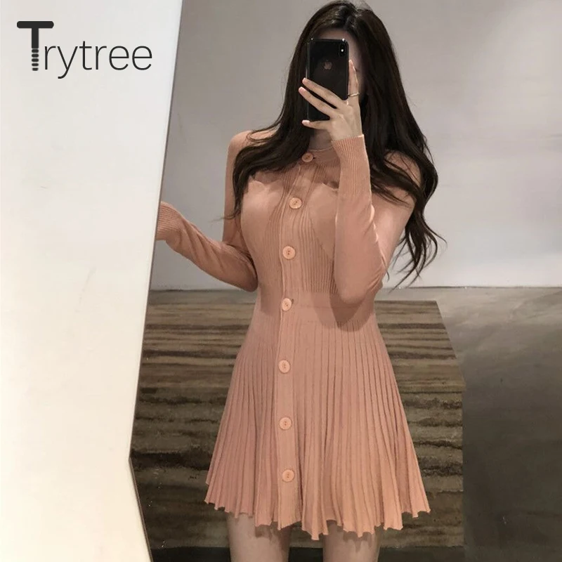 Trytree 2020 Осень Зима Женское Повседневное платье с круглым вырезом вязаное
