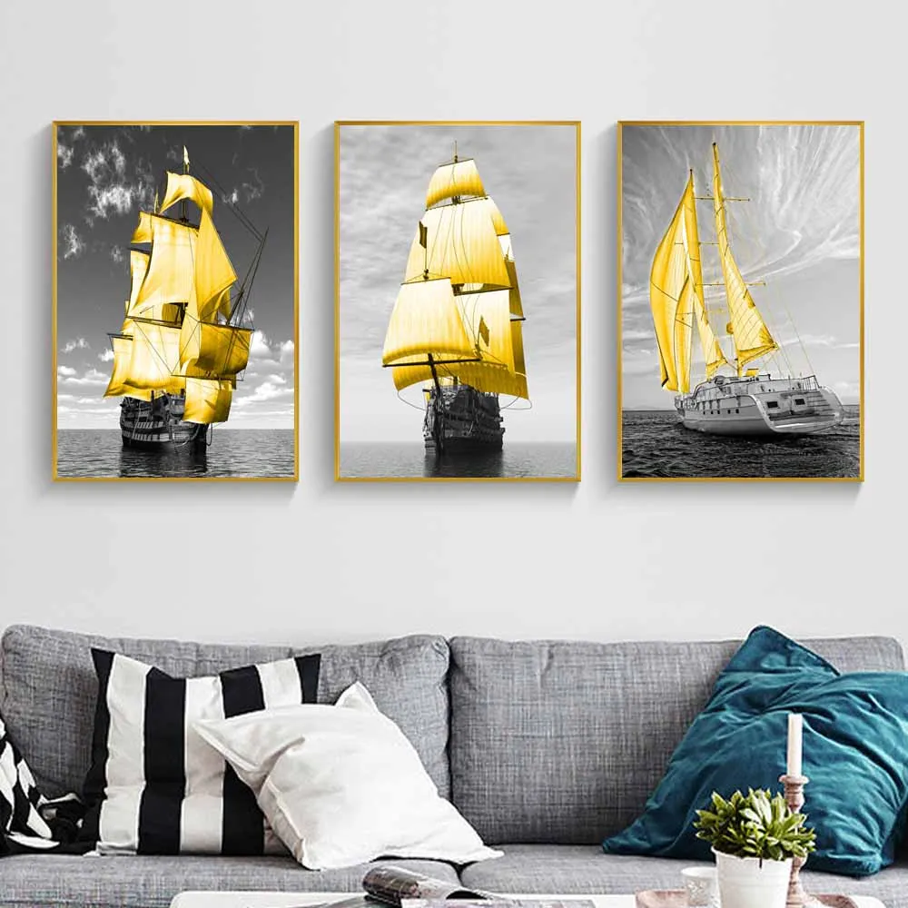 

Fashion Retro Art Landscape Canvas Painting Yellow Sailboat Poster Office Wall Painting for Living Room Home Decoration Mural