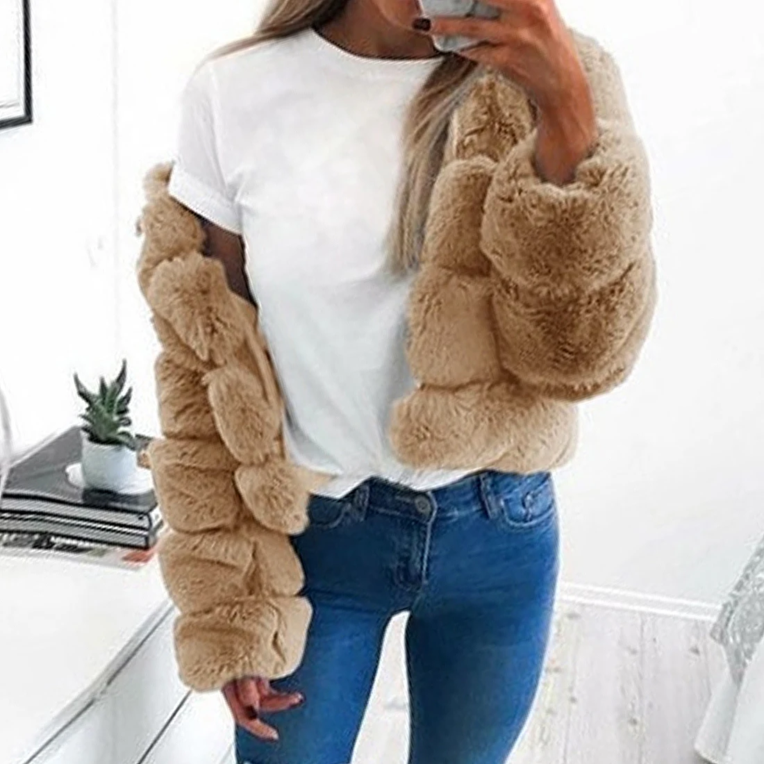 Bright Faux Fur Leather Cropped Puffer Jacket for Women Winter Coats Clothing Silver Long Sleeve Bubble Warm Parka | Женская одежда
