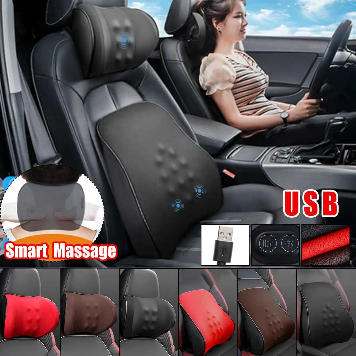 

1PCS 3 Adjustable Smart Massage Modes Car Seat Headrest Pillow Lumbar Pad Waist USB Memory Foam Cushion Support