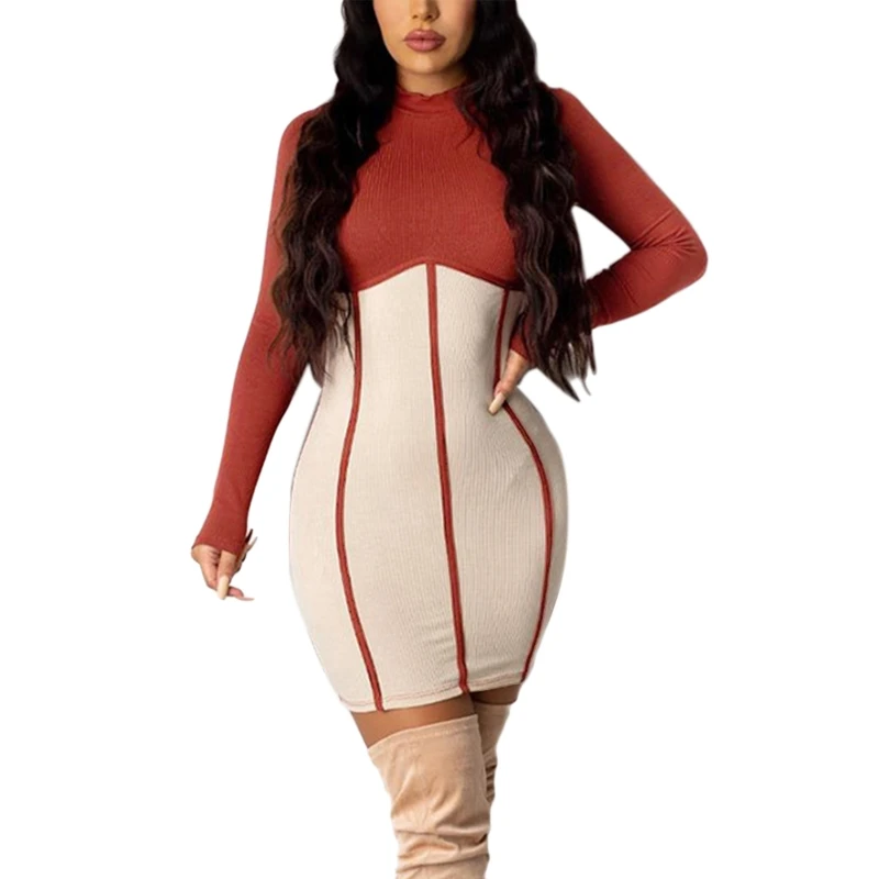 

Women Sexy Long Sleeve Turtleneck Bodycon Mini Dress Contrast Color Stripes Patchwork Ribbed Knitted High Waist Clubwear