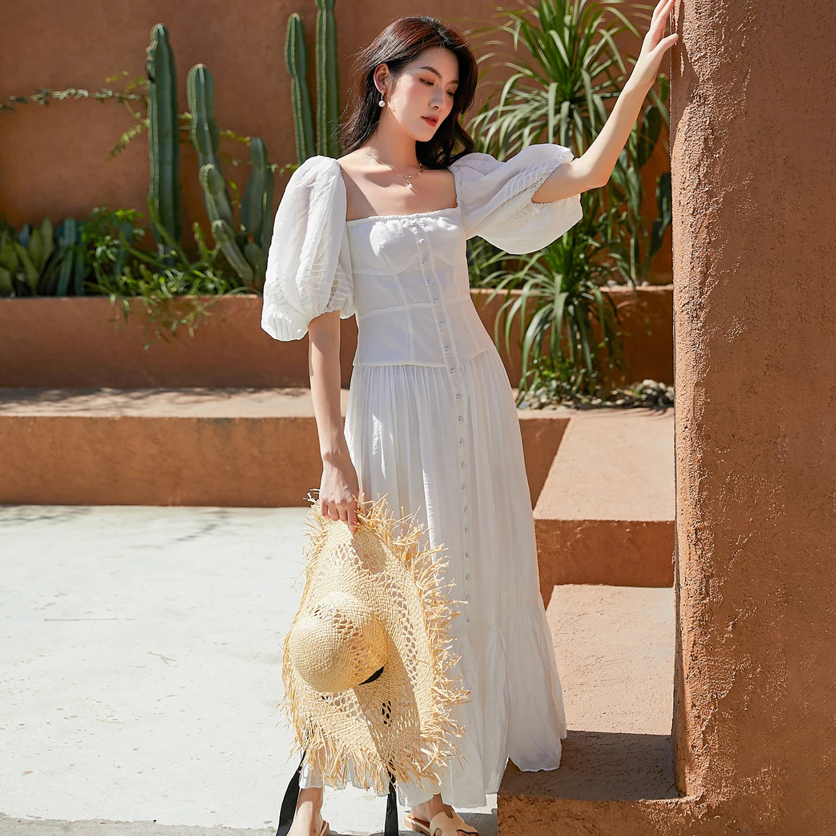 

Jastie Square Neck Puff Sleeve Women Dress French White Summer Maxi Dresses for Woman New 2022 Boho Dress Female Vestidos