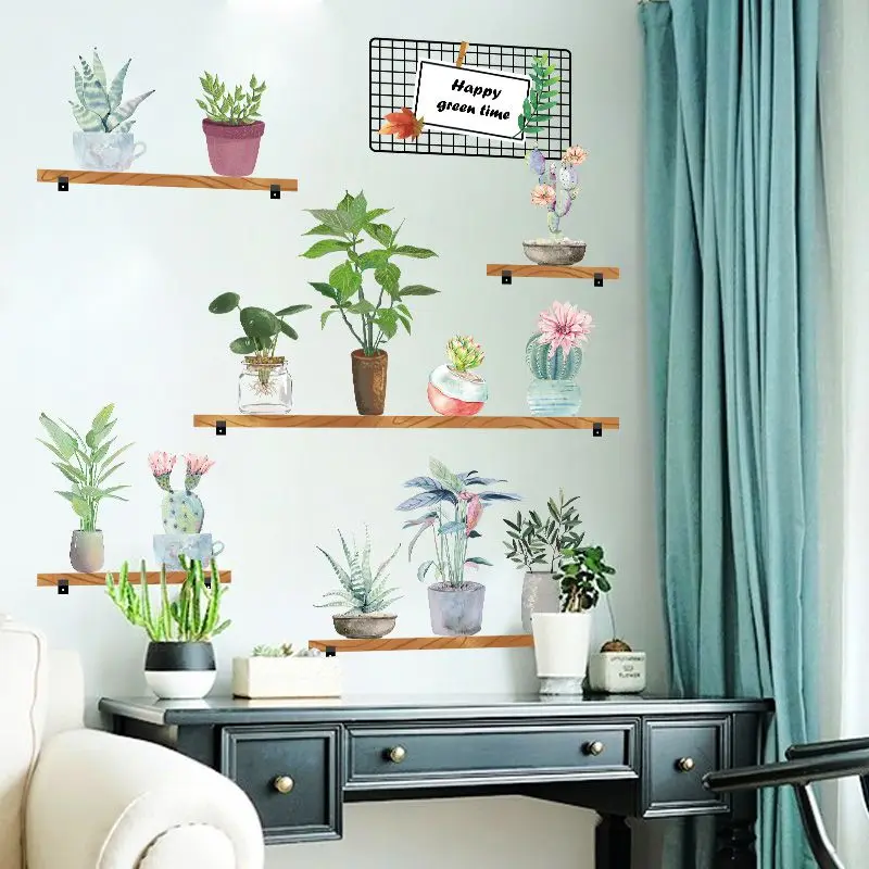 3d наклейка на стену в горшке с зелеными листьями|Наклейки стену| |