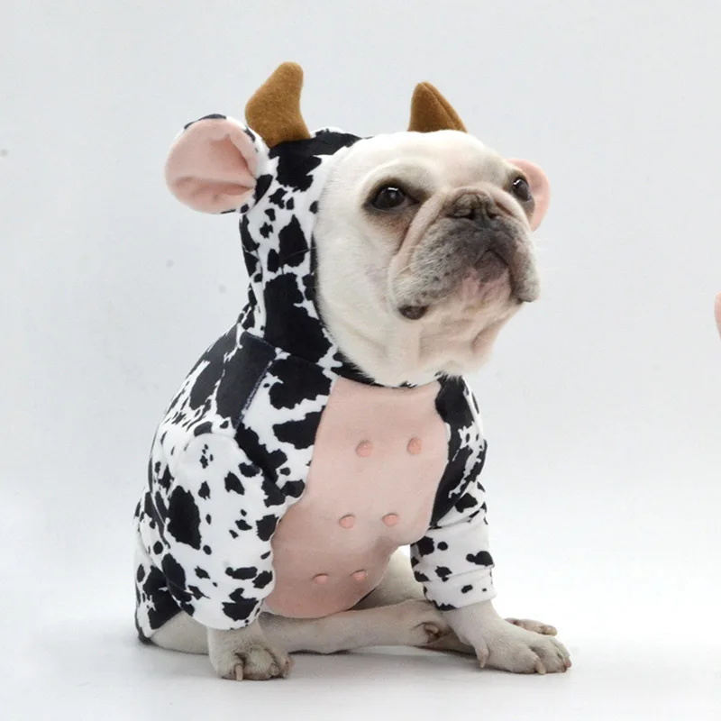 

Pet Clothes Autumn and Winter Coral Fleece Milk Cow Dog Costume Cosplay Party Hooded Coats Jacket Pamajas for Bulldog Puppy
