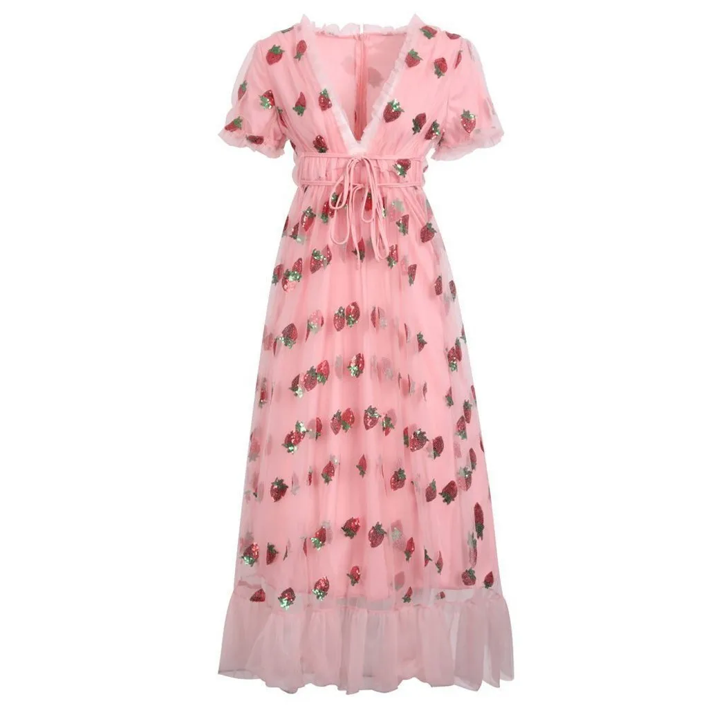 Милое клубничное расшитое блестками платье макси с каскадными оборками для