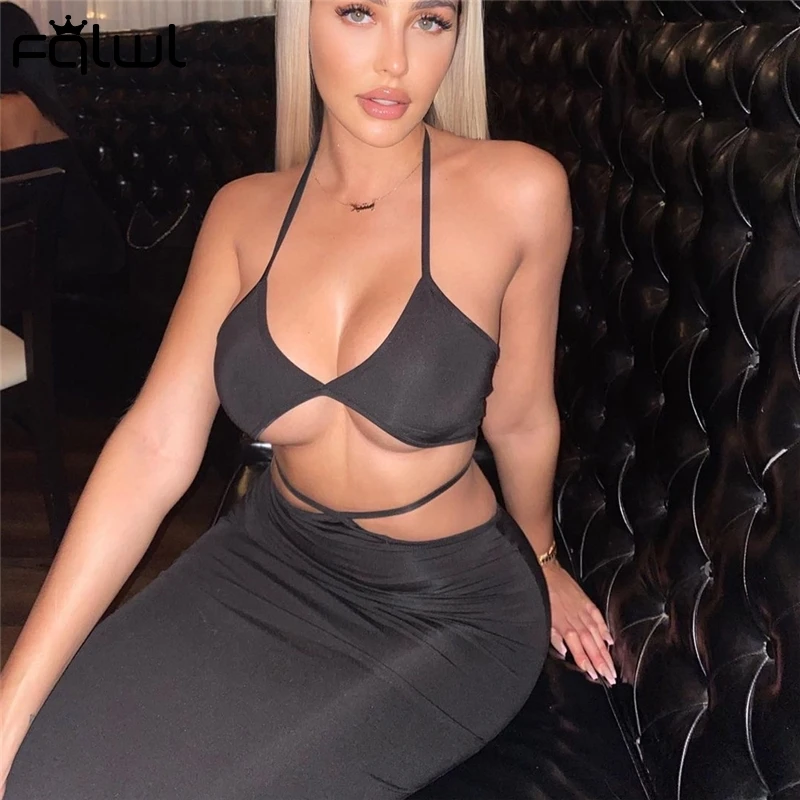 

FQLWL черные пикантные туфли с низким вырезом на спине бандажный Топ облегающее длинные юбки одинаковые комплекты летняя Клубная вечерние 2 к...