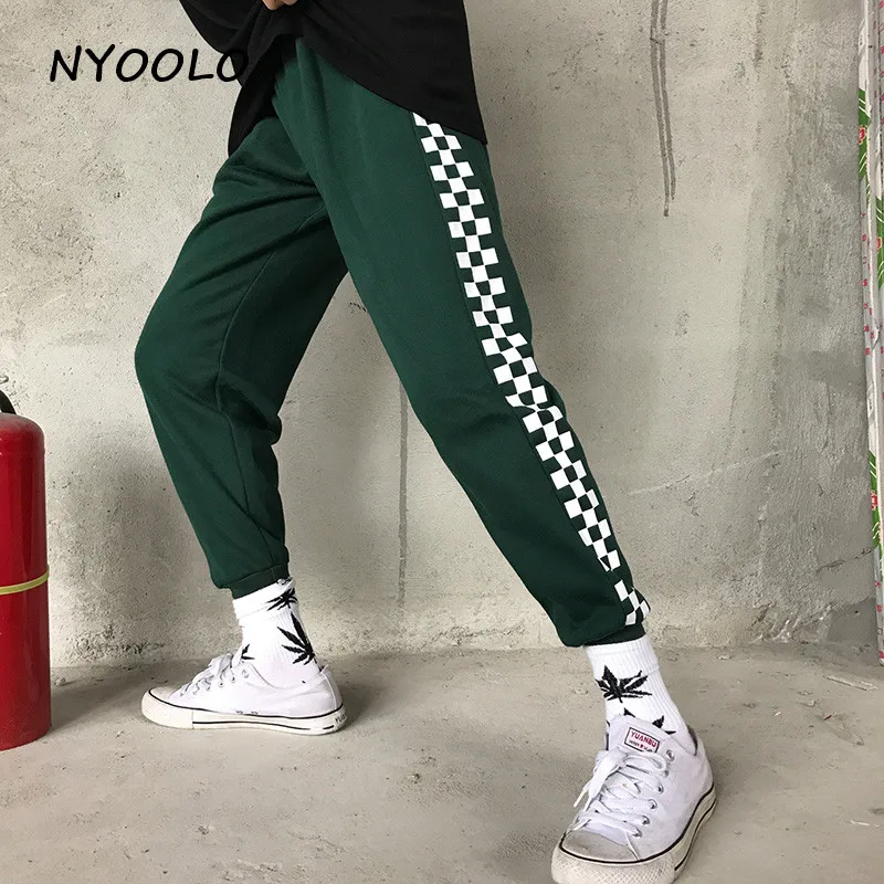 NYOOLO Harajuku уличная одежда в клетку с принтом хип-хоп штаны для бега осень зима эластичный пояс плюс бархатные теплые спортивные штаны для женщин и мужчин