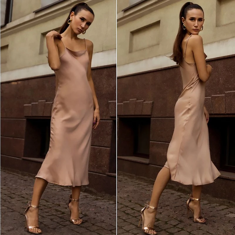 

Summer Sexy Satin Smooth Sling Dress Women Square collar Backless Long Fashion Dress Female Solid Color Fashion Slim Party
