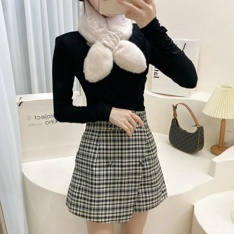 

Winter Korean Temperament Cross Small Bib Fur Collar Neck Protection Versatile Lovely Rabbit Plush Warm Sacrf For Women