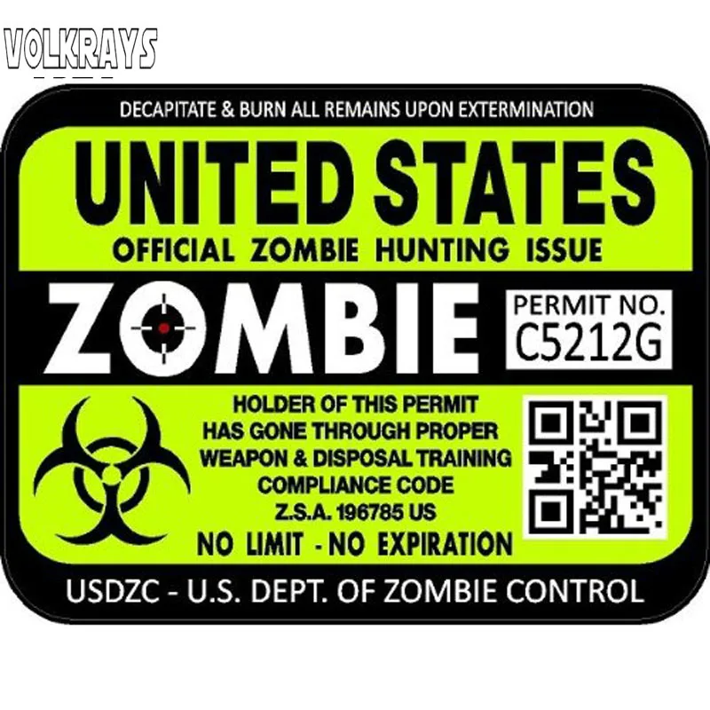 

Наклейка на автомобиль Volkrays Zombie Series "США", разрешение на охоту, Светоотражающая наклейка для авто, мотоциклов, 15 см х 11 см