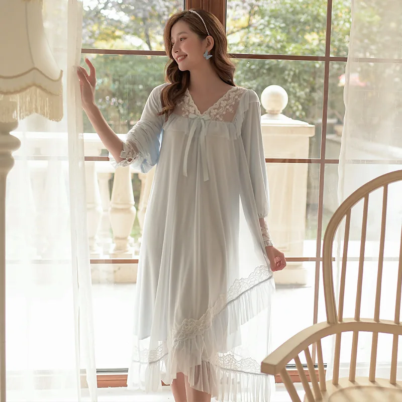Court Style Nightdress Women's Long Sleeve French Style Retro Sweet Princess Lace Sexy Nightdress In Spring Autumn Sleep Tops
