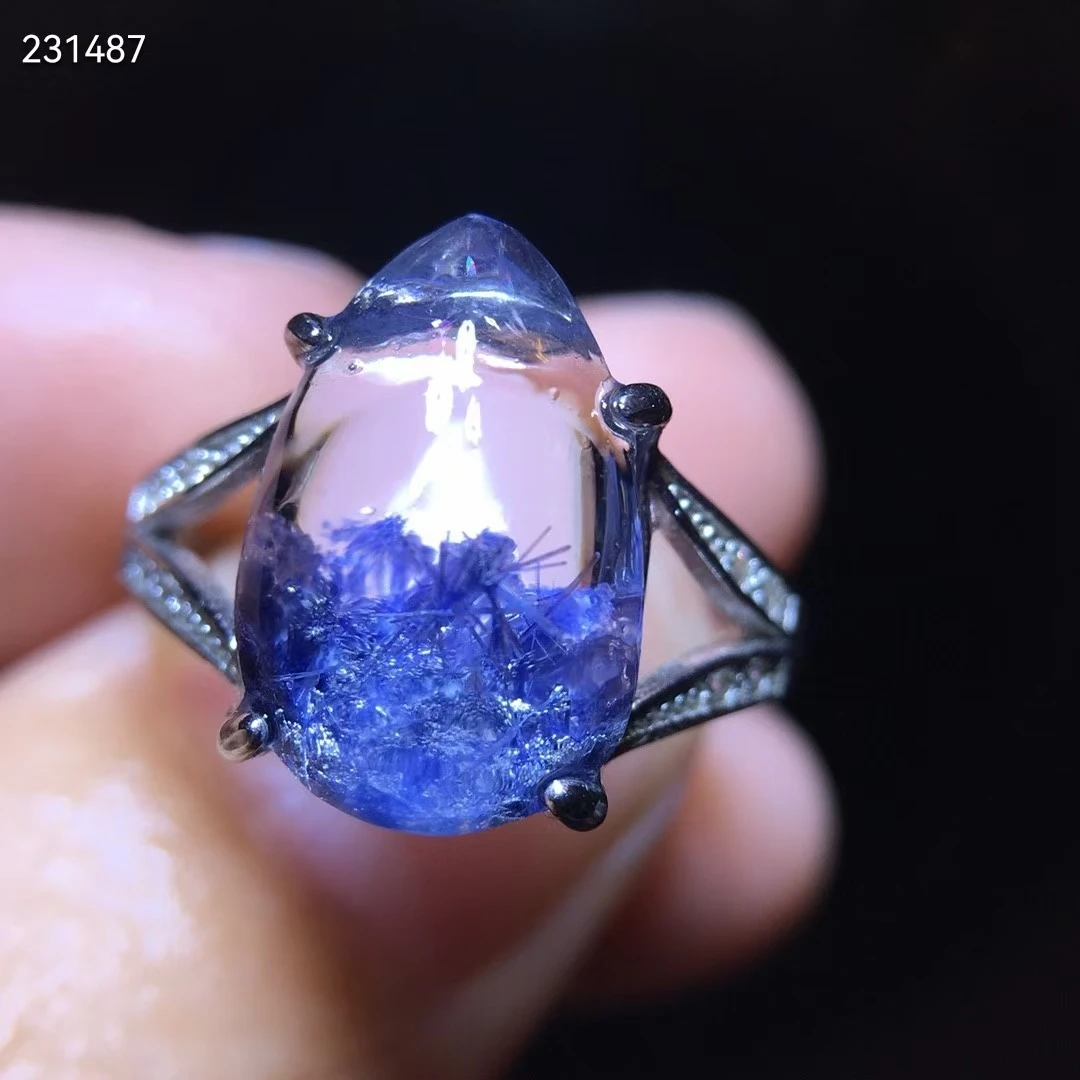 Promo Genuine Natural Blue Dumortierite Rutilated Quartz Ring 13.7/9mm Crystal Silver Adjustable Woman Men Rectangle Jewelry AAAAA