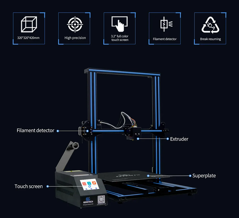 GEEETECH с открытым исходным кодом A30 DIY 3d принтер цветной сенсорный экран Большой принтер зона прерывания 3D-принтер