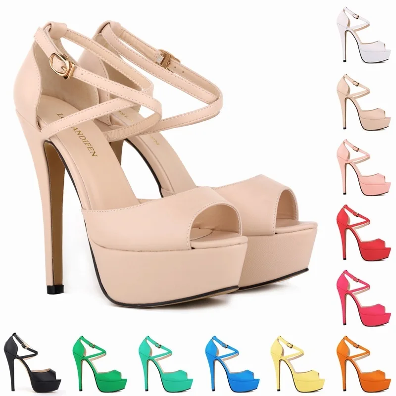 

Sexy word buckle sandals women 2020 summer wedding Peep Toe Flock 14CM Thin High heels Buckle Strap women shoes size 35-42