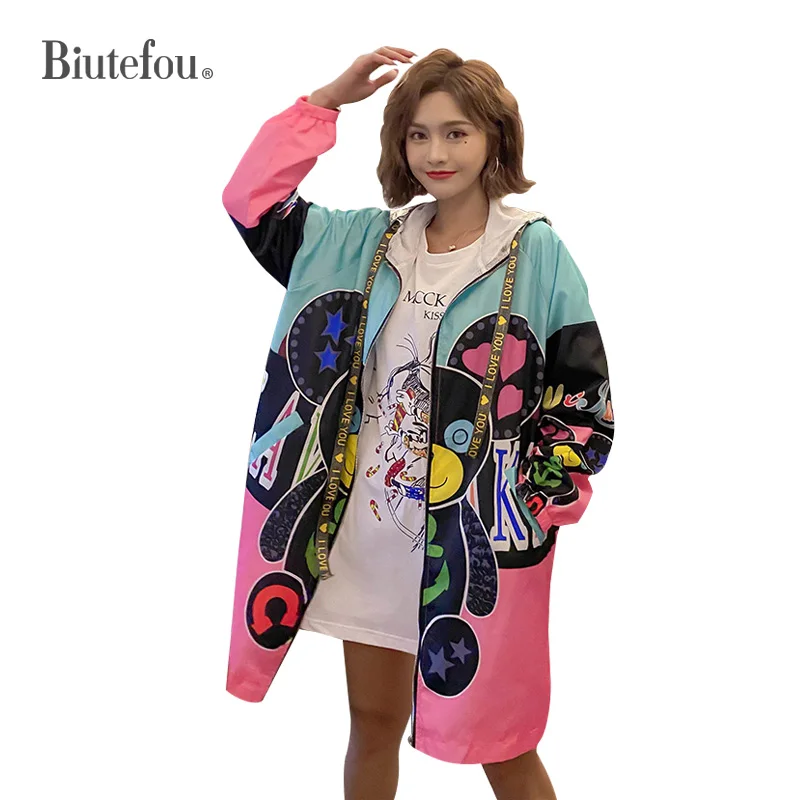 Женские тонкие пальто с капюшоном модные шикарные куртки мультяшным принтом