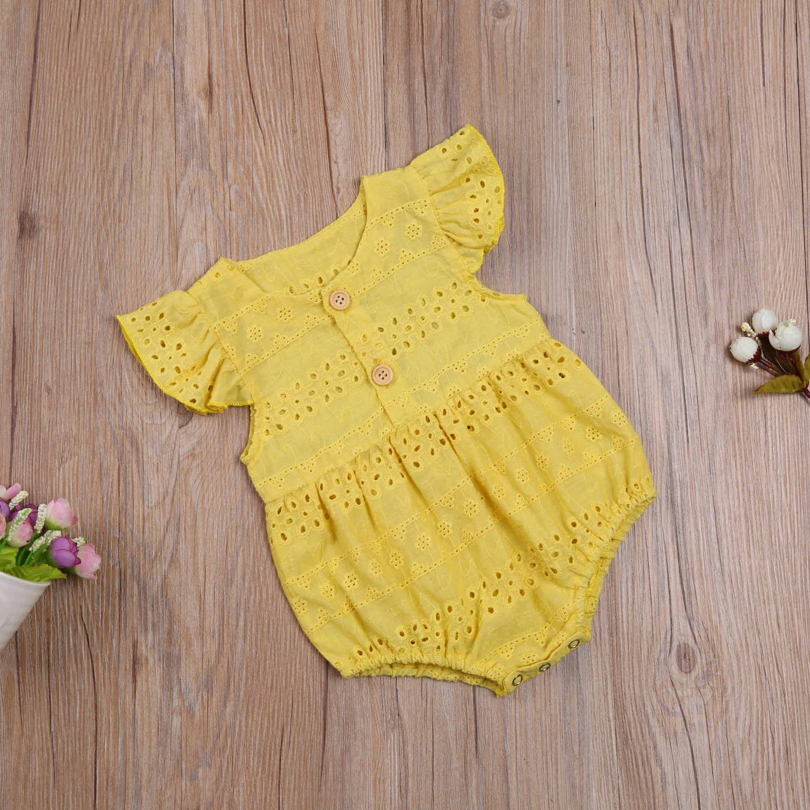 

Newborn Baby Girls Clothes Fly Sleeve Hollow Out Romper Fashion Solid Color Romper for Kids Girls One-Piece Outift Cotton Set