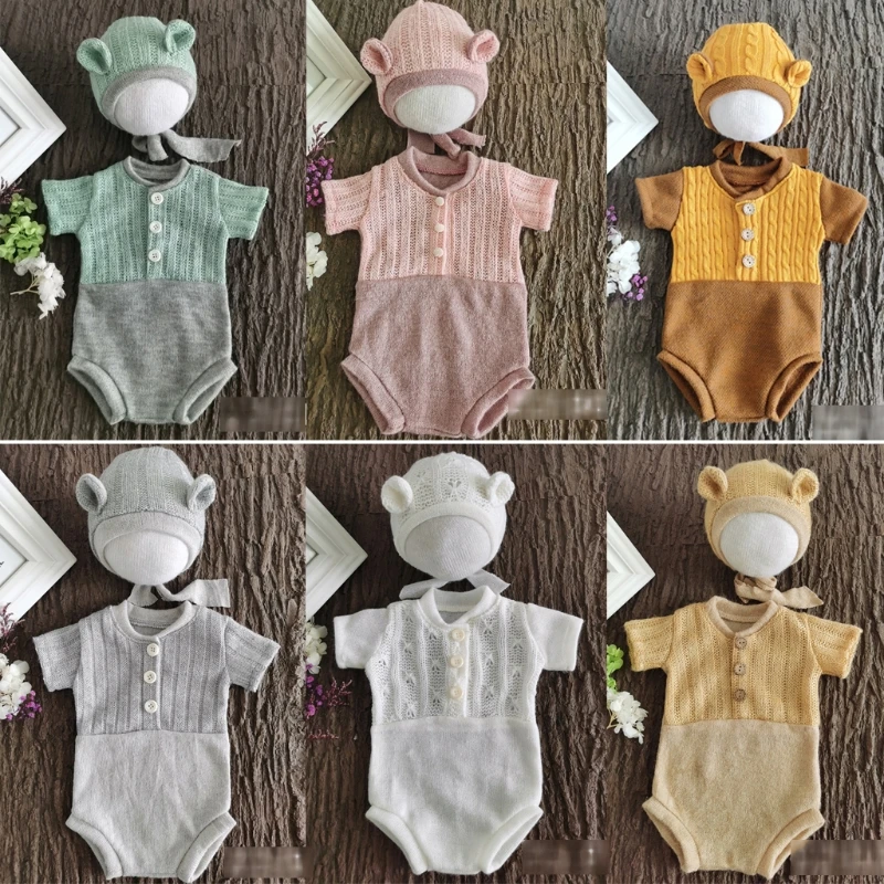 Accesorios de fotograf&iacute;a para reci&eacute;n nacidos, traje de encaje, pelele, conjunto de gorro, ropa de punto, regalos para fotos de ni&ntilde;os, 2 uds.-3