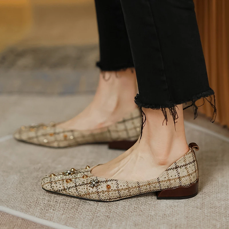 

Women's cotton fabric slip-on flats single shoes square toe crystal decoration female soft comfortable daily footwear shoes sale
