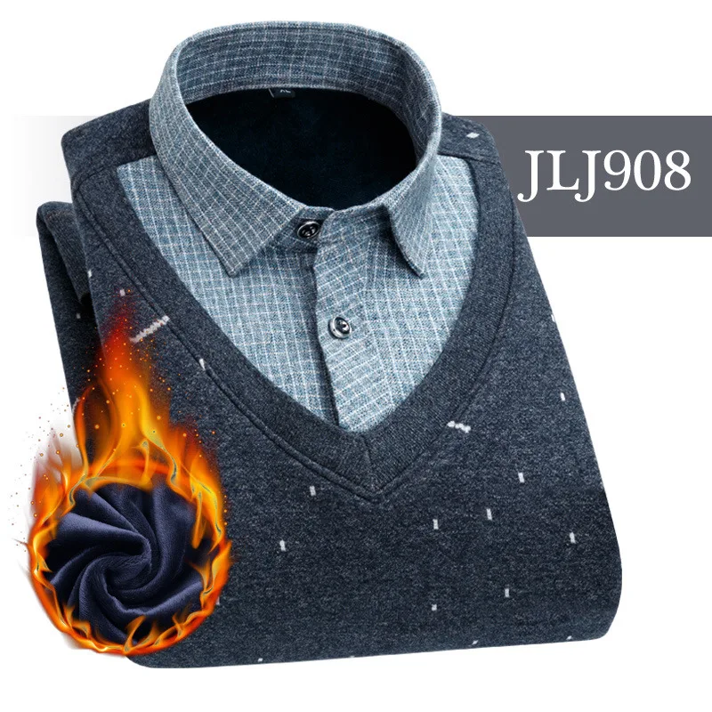 JLJ908 Мужская одежда, рубашки с вышивкой, в полоску, макет, из двух частей, платье, рубашка, имитация двойки, длинный рукав, толстый бархат, свитер, рубашки - Цвет: JLJ908