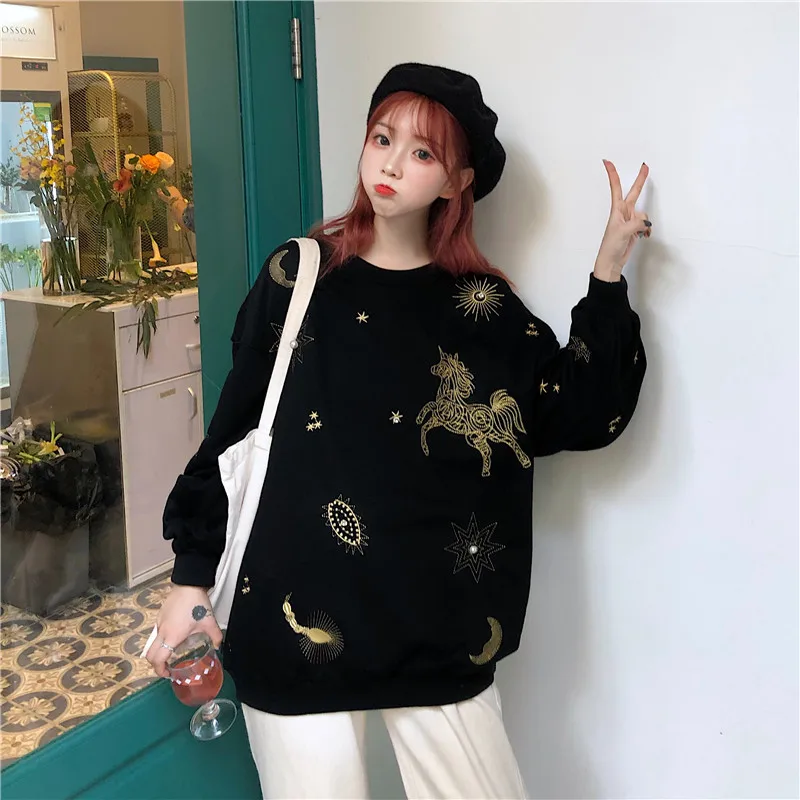 Новая ulzzang зимняя забавная Толстовка с принтом единорога из мультфильма Женская