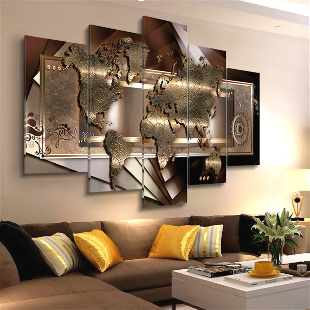 

5 Pieces Wall Art World Map Home Poster Painting Modern Matallic Abstract Decoration Canvas Modular Pictures for Office Decor