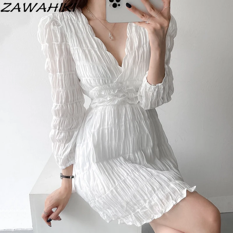 

ZAWAHIKI Women's Dresses Elegant Long Sleeve Ropa Mujer Fashion A Line High Waist V Neck White Mini Dress New Sexy Femme Robe