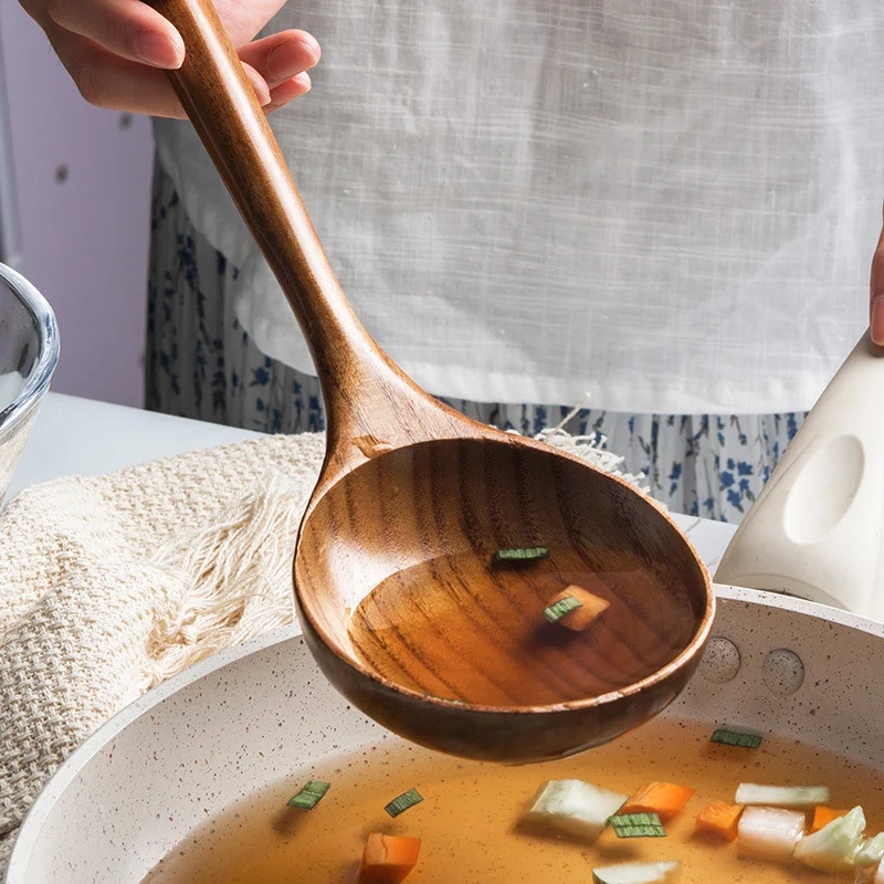 

Wooden Kitchen Cooking Scoop Retro Wood Soup Ladle Spoon Tableware Cookware Deep Ladle Porridge Spoon Photography Props
