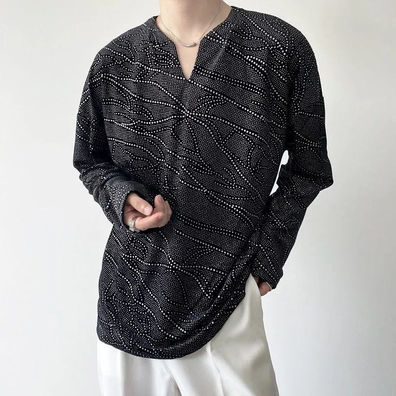 

Мужская одежда, футболка с длинным рукавом, Новинка осени 2022, бархатная футболка со стразами и круглым вырезом, топы с открытыми плечами, фут...