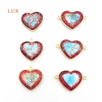 2pcs natural strawberry blue emperor stone heart shaped pendants two hole connector charm woman jewelry making necklace bracelet