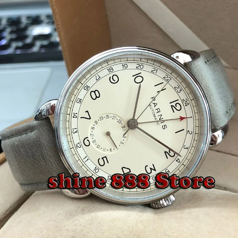 

Parnis 2019 new top mens automatic mechanical watch 42mm silver case GMT arab mark date window leather mens watches