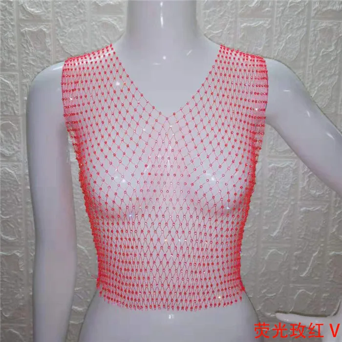 Bright rose V-neck FestivalQueen Сексуальная Бриллиантовая сетка обрезанная майка женская летняя накидка бикини Прозрачная сетка со стразами вечерние клубный кроп-топ - Цвет: Bright rose V-neck