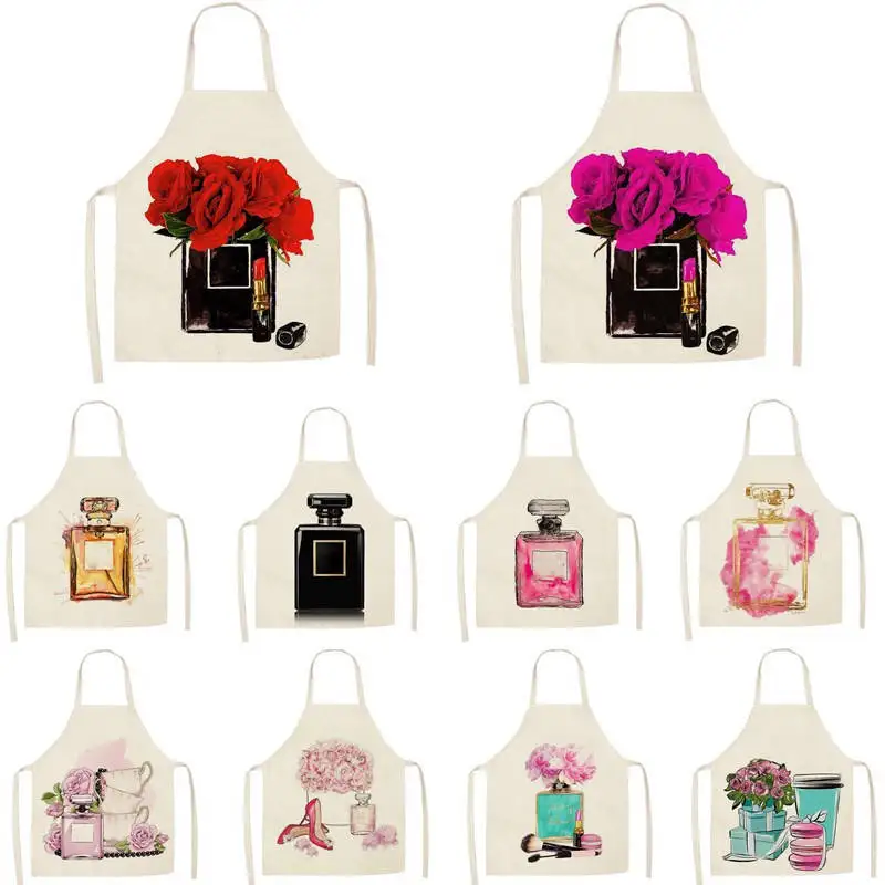 

Linen New Hand Painted Flower Perfume Bottles Print Kitchen Aprons Unisex Dinner Party Cooking Bib Funny Pinafore Apron WQTF13