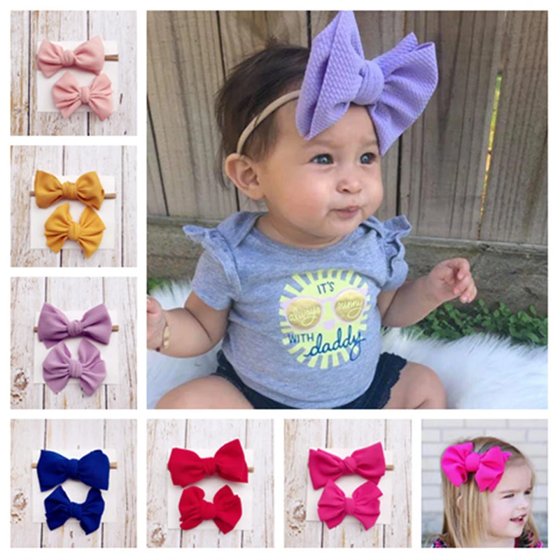 2 Pcs/Set Solid Bow Baby Headbands For Girls Colorful Elastic Soft Turban Cute Hairclip Elegant Hair Accessories | Мать и ребенок