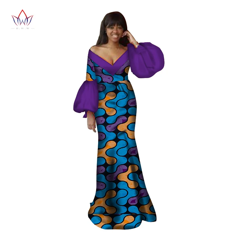 2020 Autumn Traditional African Clothing Dashiki Floor-length African V-neck Dresses For Women Full Sleeve None 6xl BRW WY2368