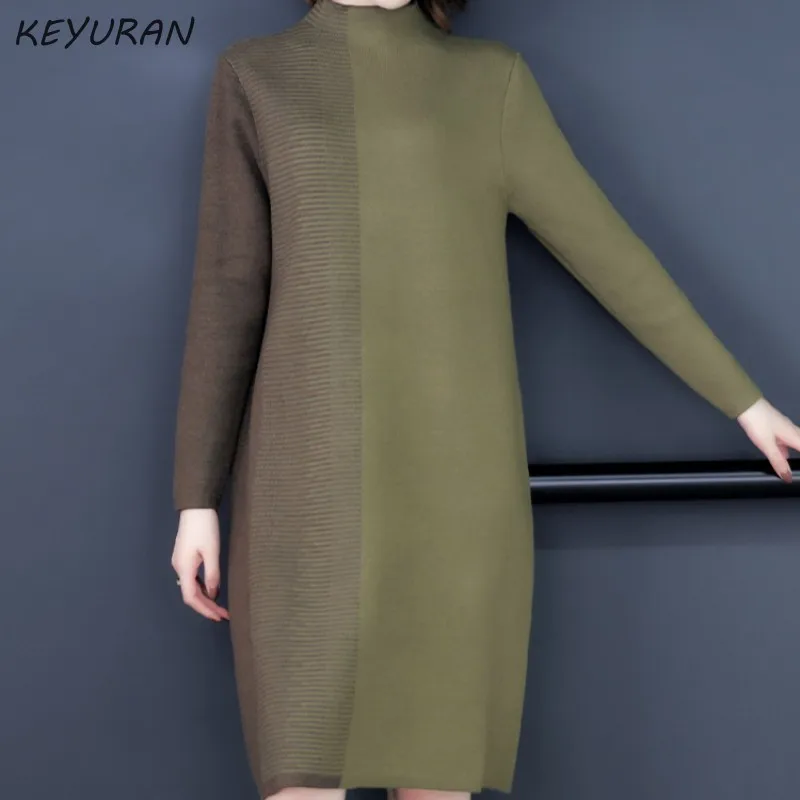 Женское трикотажное лоскутное сексуальное платье свитер с высоким воротом