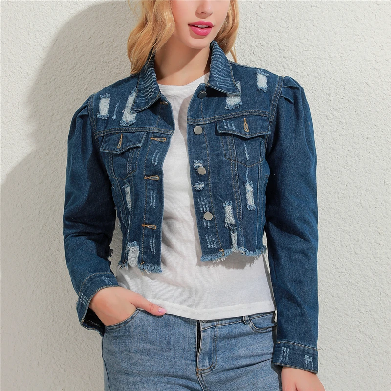 

Autumn Women Ripped Denim Jackets Vintage Casual Short Jean Jacket Turn Down Collar Winter Female Coat Streetwear