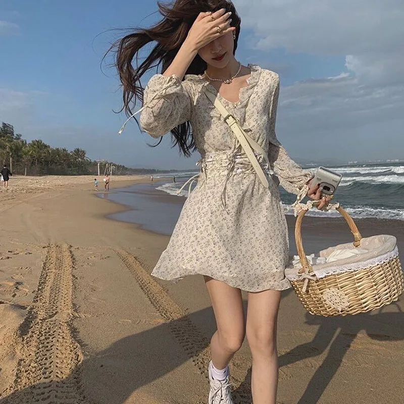 

Females High Waist Long Sleeve Chiffon Mini Dresses Women Korean Style Fashion Dresses 2021 Summer V-Neck Sweet Bandage Dresses