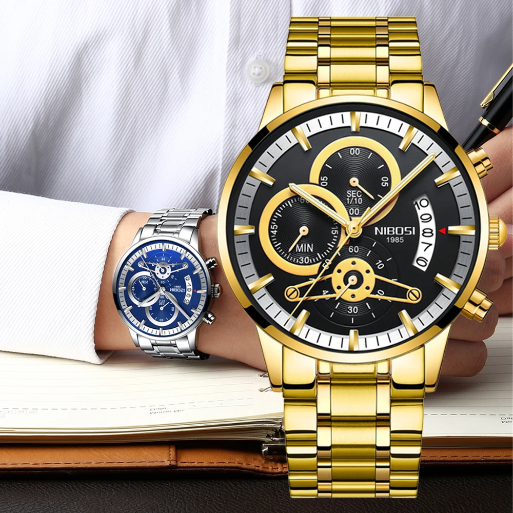 NIBOSI Gold Mens Watches Luxury Top Brand Watch Men Automatic Date Luminous Waterproof Wrist Quartz Watch Relogio Masculino