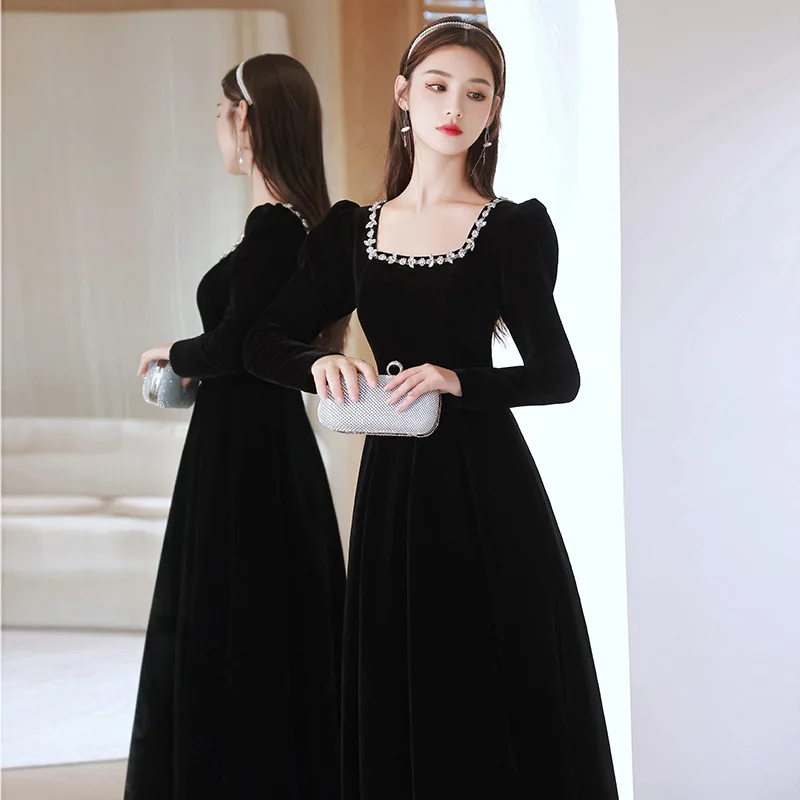 

Elegant Square Collar Evening Dresses For Women Solid Color Velvet A-Line Backless Slim Dress Formal Banquet Party Gowns