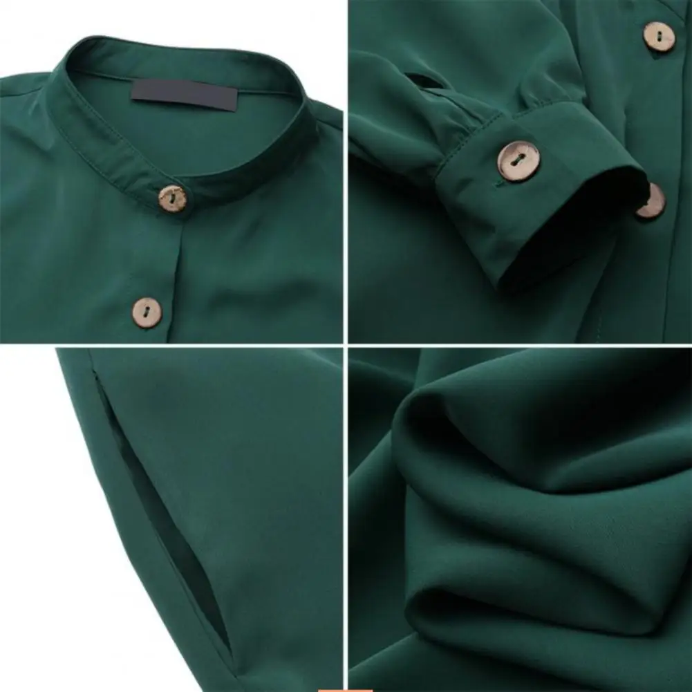 

Retro Solid Color Maxi dress Women Stand Collar Long Sleeve Maxi dress Casual Single-breasted Large hem Loose Dress Plus Size