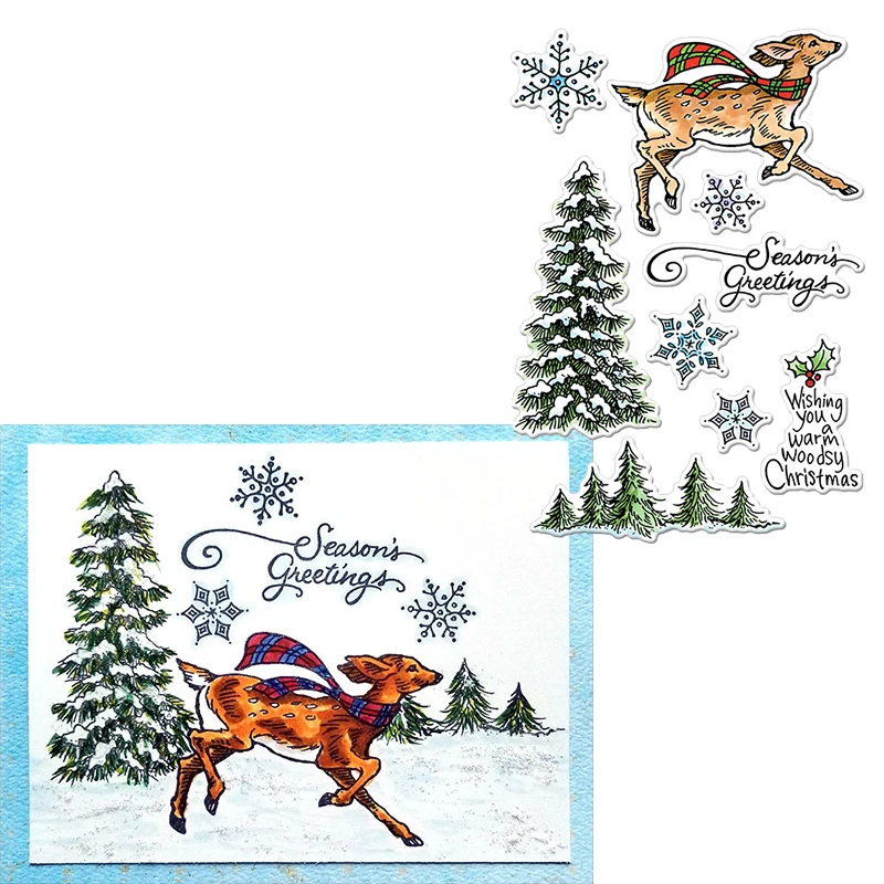 Теплый деревянный Рождественский прозрачный штамп с оленем и поздравлениями на