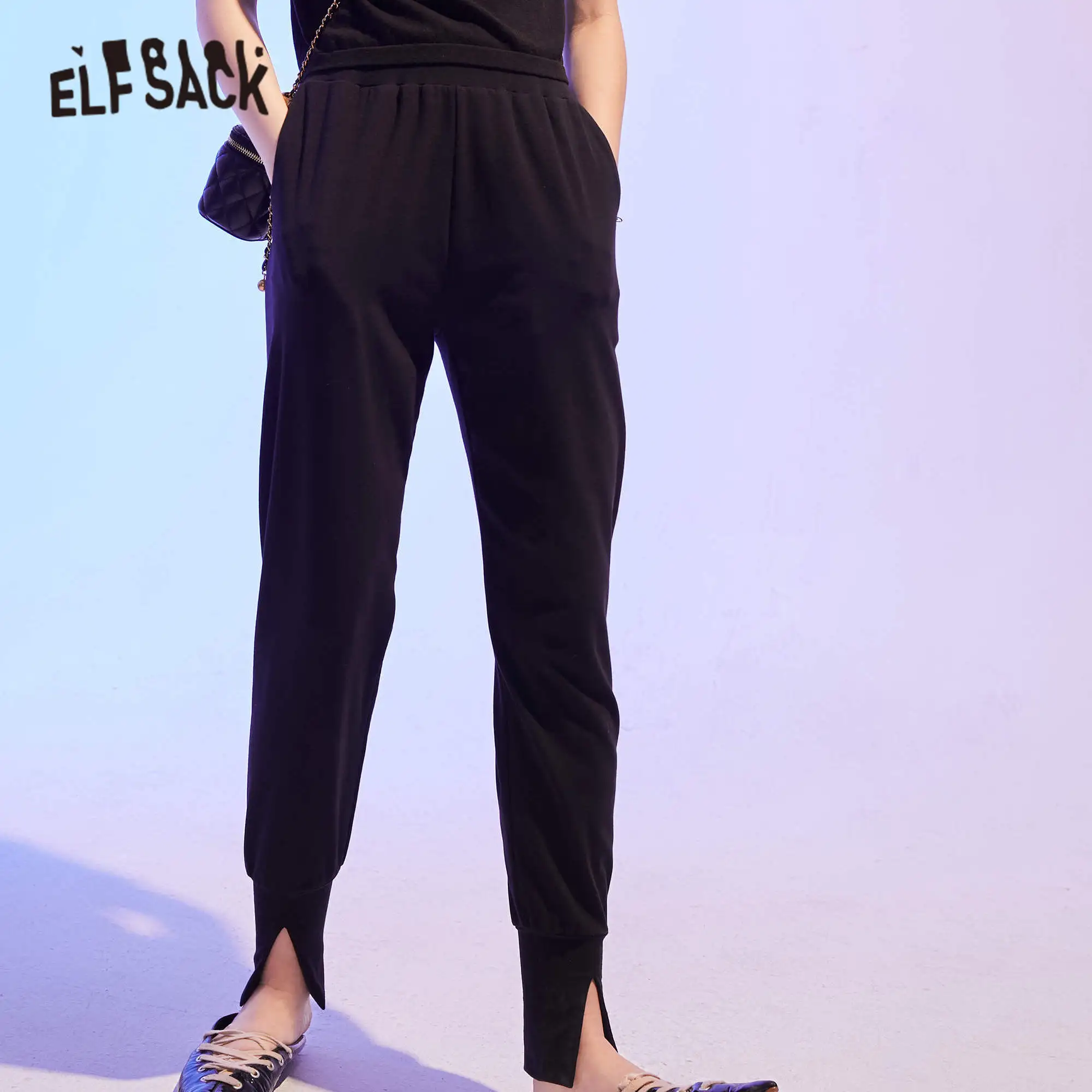 Женские брюки ELFSACK черные однотонные повседневные облегающие в Корейском стиле