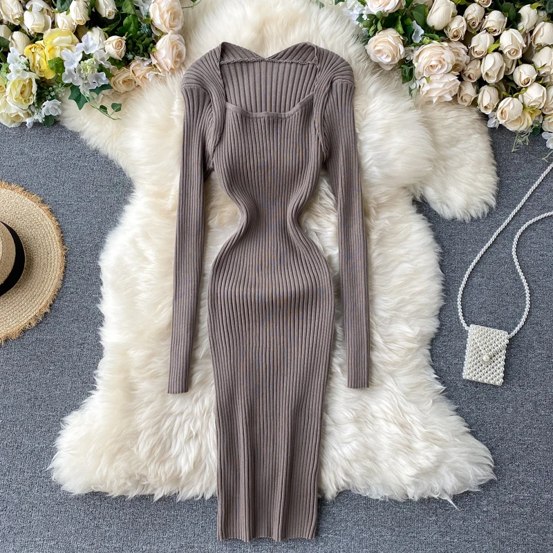 

Autumn Knitted Women Dress Europe Fashion Slim Sheath Bodycon Dress Sexy Ladies Push Up Stretch Sweater Dress Vestidos