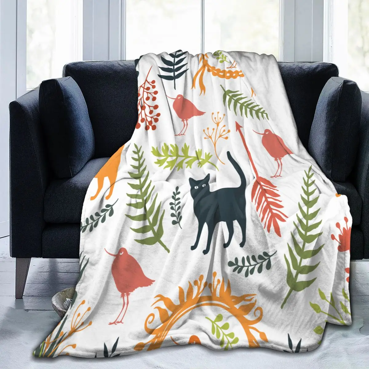 

Flannel Blanket Birds Cats Flowers Twigs Ultra-Soft Micro Fleece Blanket for Bathrobe Sofa Bed Travel Home Winter Spring Fall